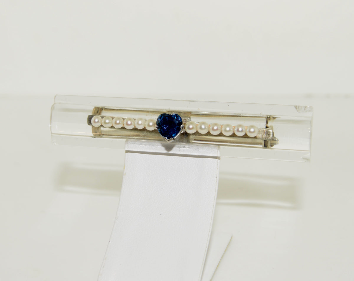 Pearl, Heart Cut Sapphire, and Lucite 14K White Gold Brooch