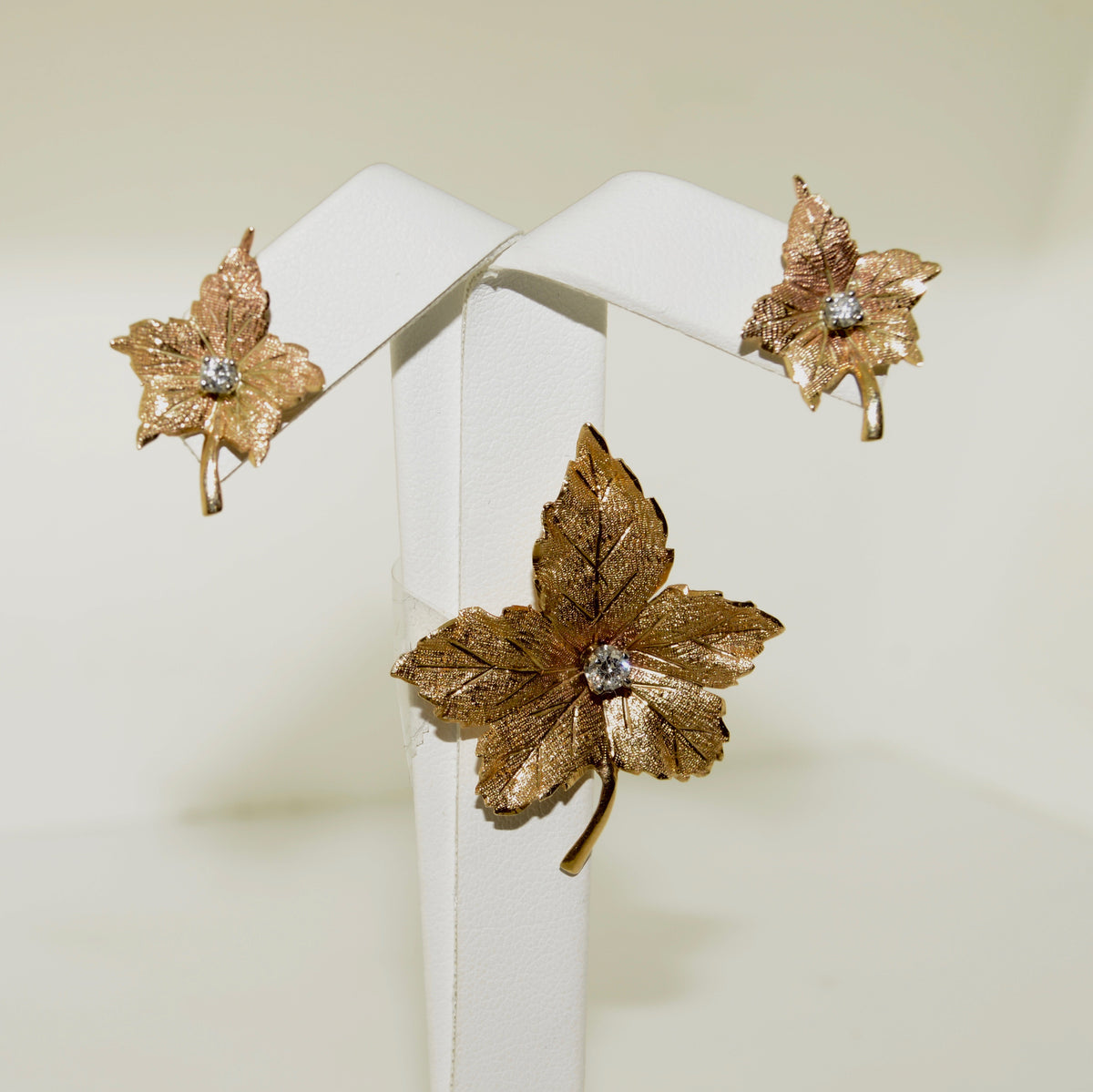 14K Diamond Maple Leaf Gold Earrings and Brooch Set