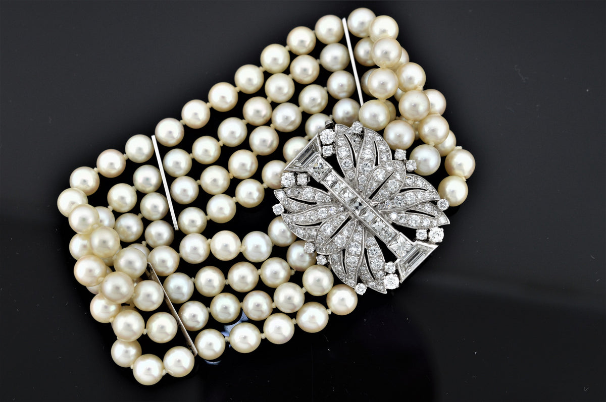 Platinum And 14K White Gold Art Deco Cultured Pearl Bracelet With A Diamond Clasp
