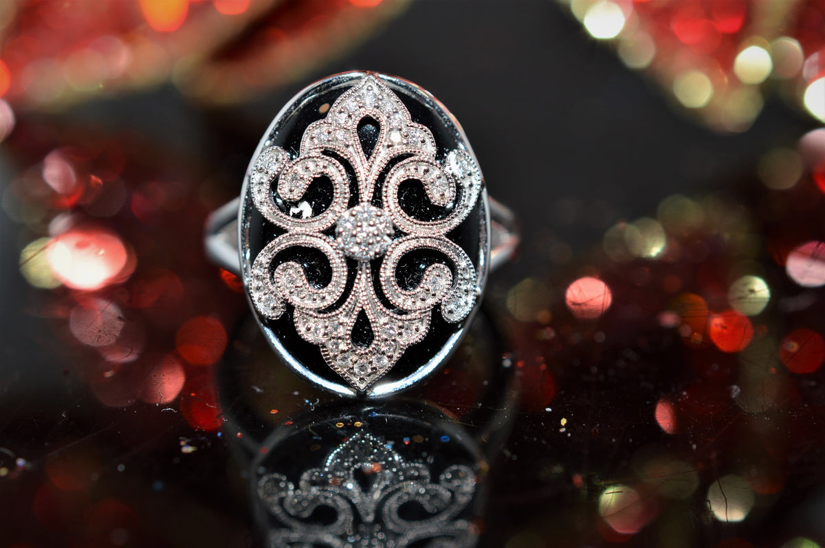 14K White Gold, Ornate, Onyx And Diamond Ring (0.12 dtw)