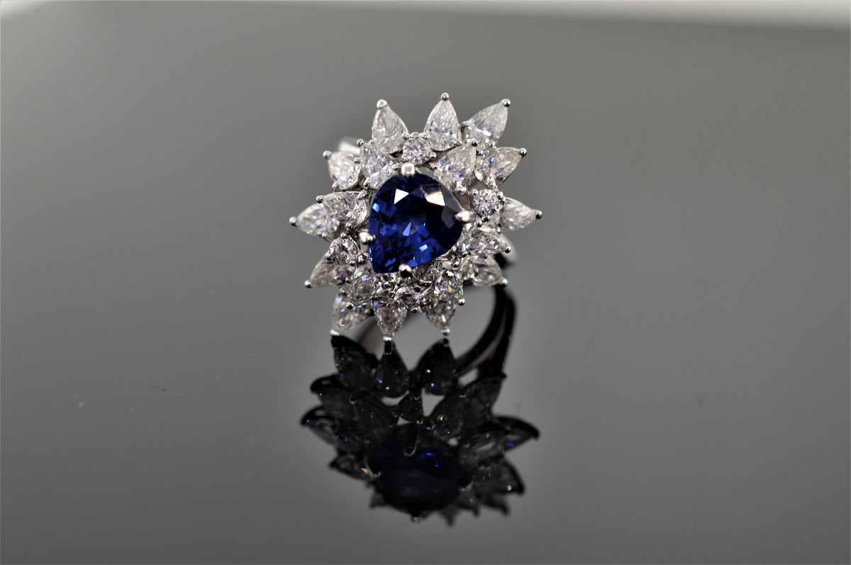18K White Gold Estate Pear Sapphire and Diamond Ring
