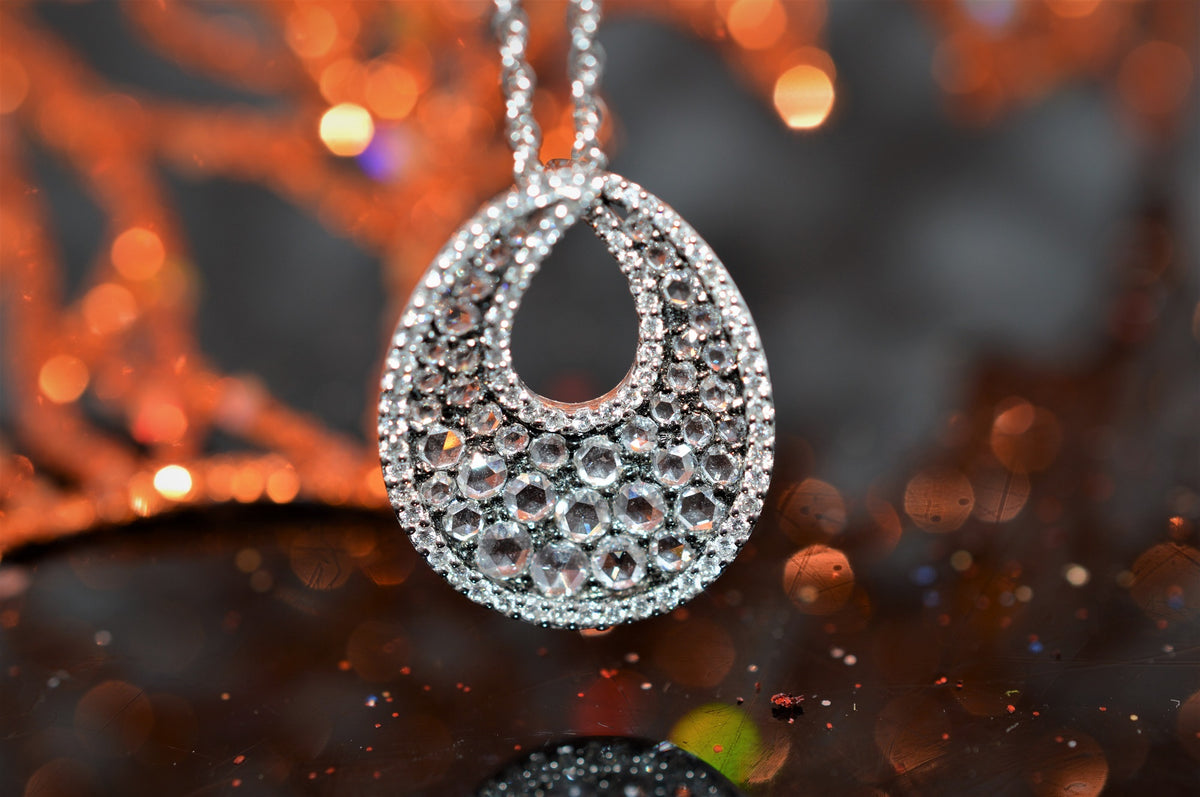 14K White Gold Rose Cut Diamond Pendant With 18 Inch Chain