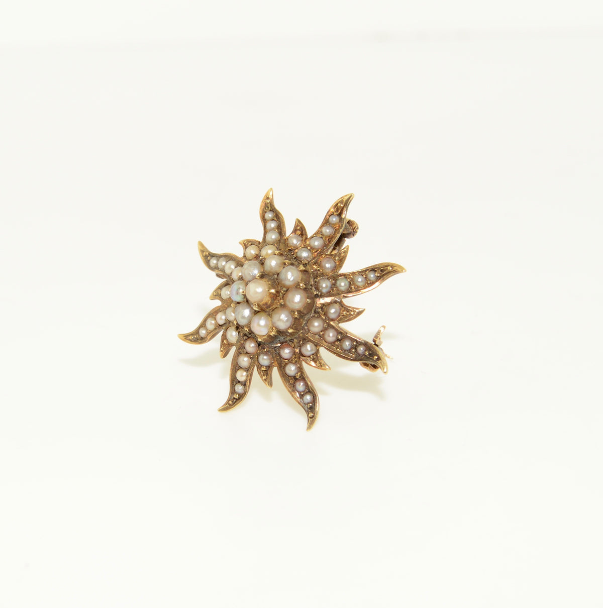 14K Yellow Gold Antique Sunburst Brooch with Seed Pearls