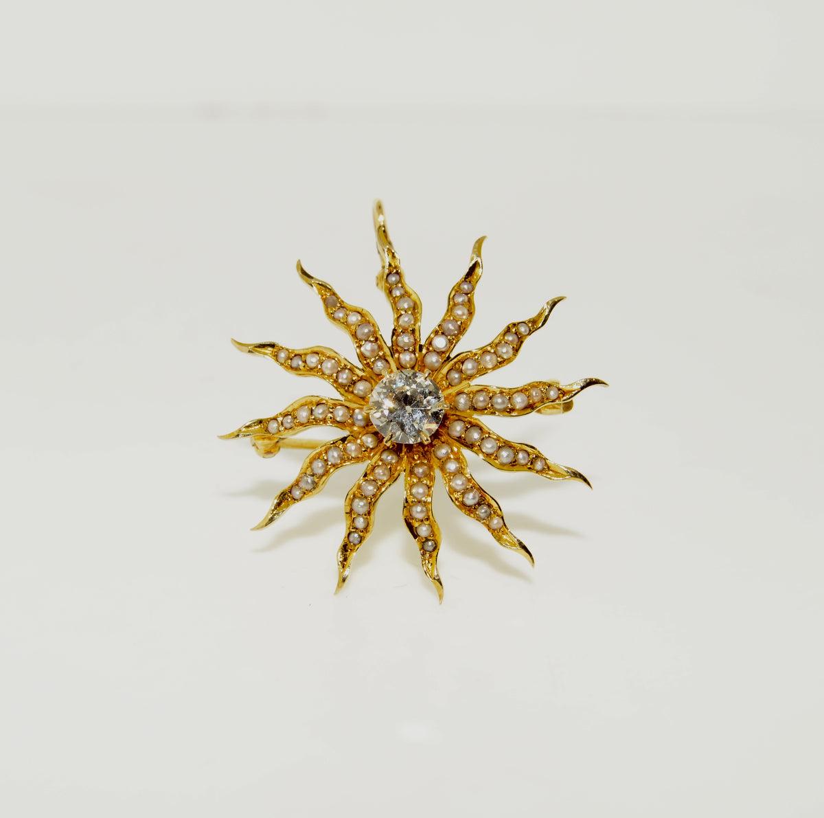 14K Antique Sunburst Brooch/Pendant with a Diamond