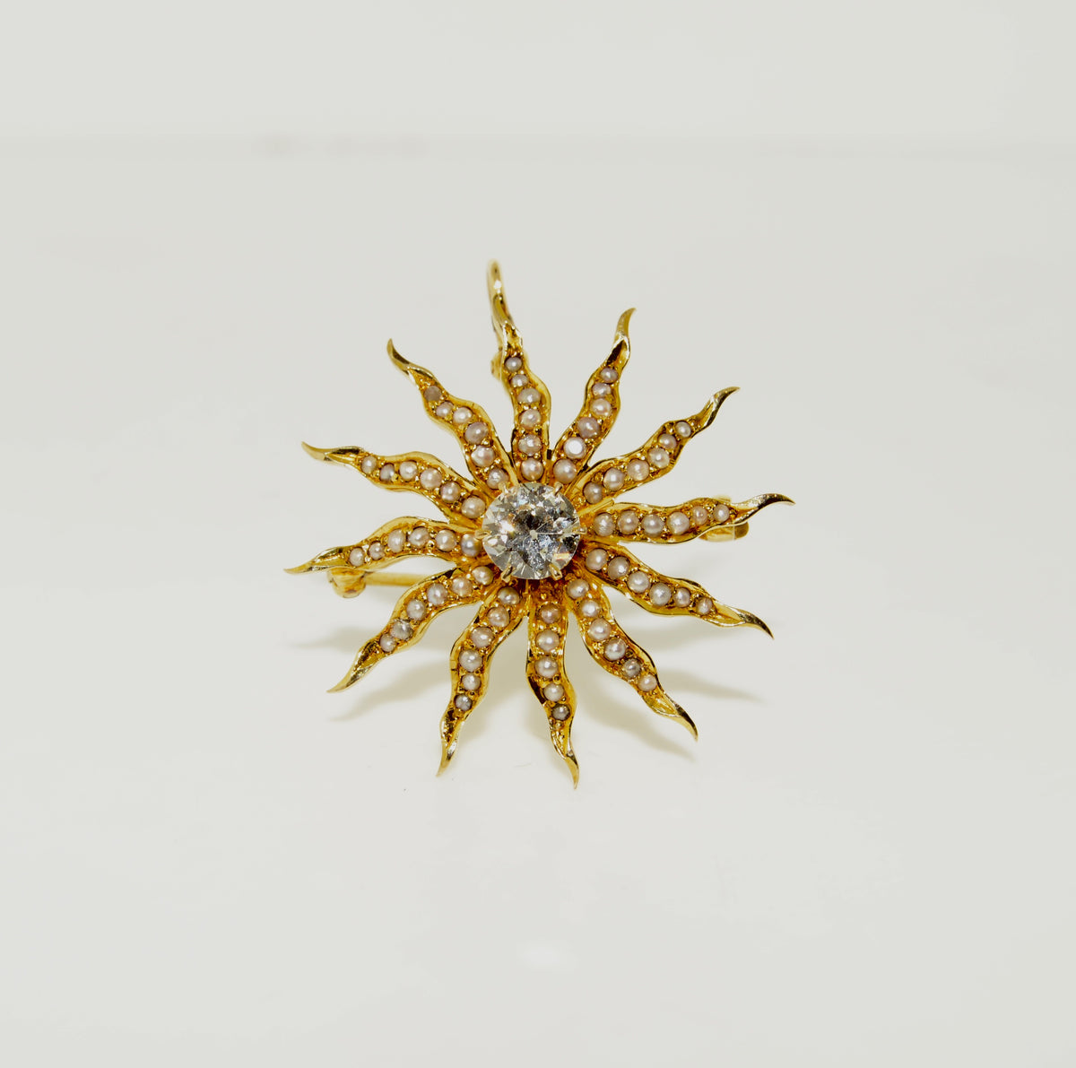 14K Antique Sunburst Brooch/Pendant with a Diamond