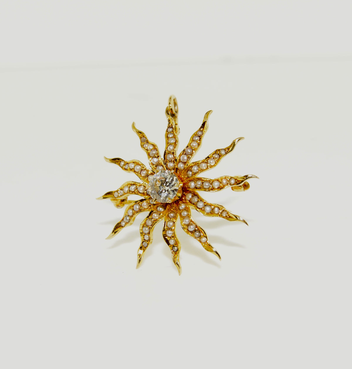 14K Antique Sunburst Brooch/Pendant with a Diamond