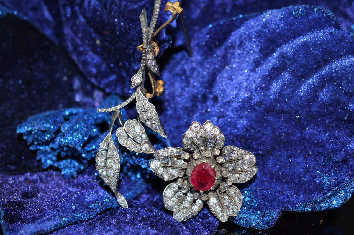 Silver Topped 14K Yellow Gold Diamond and Ruby Flower Brooch
