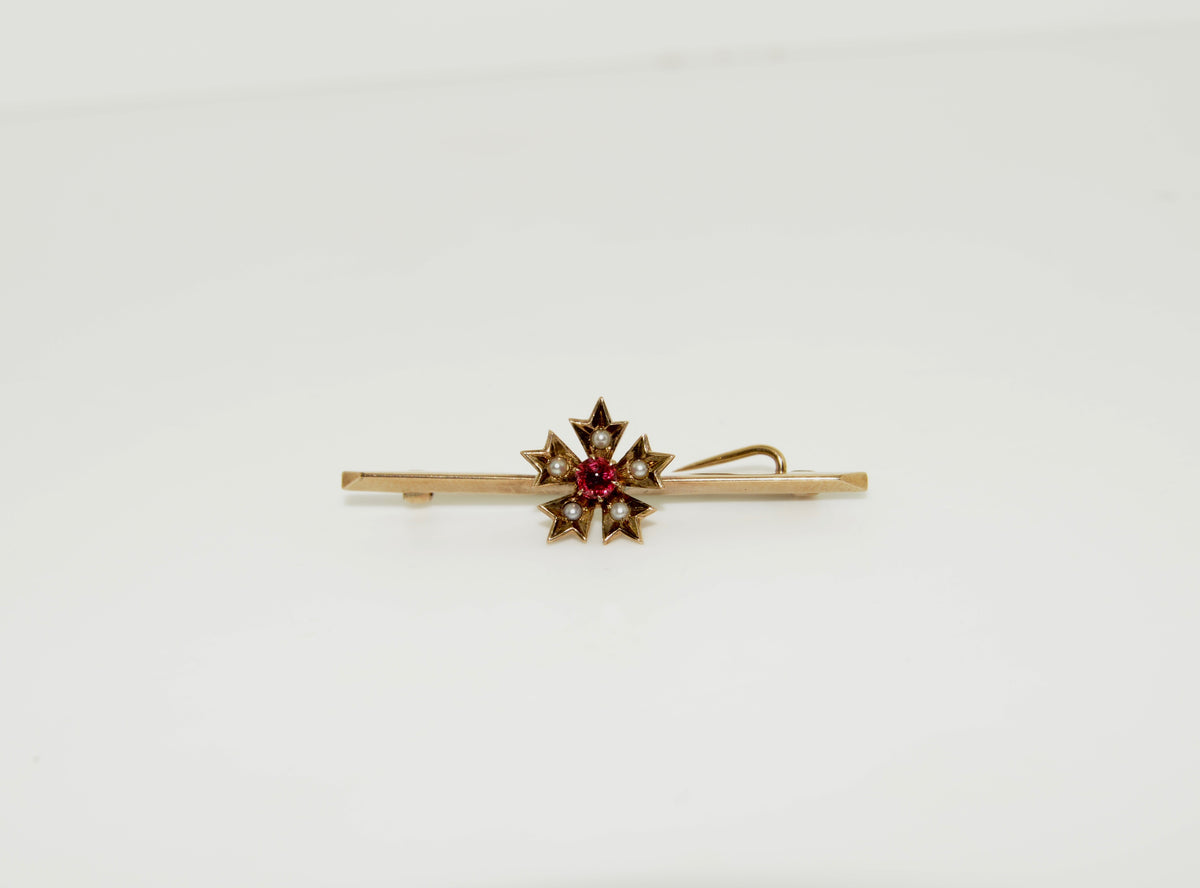 10K and 14K Antique Rose Cut Ruby and Pearl Gold Bar Brooch