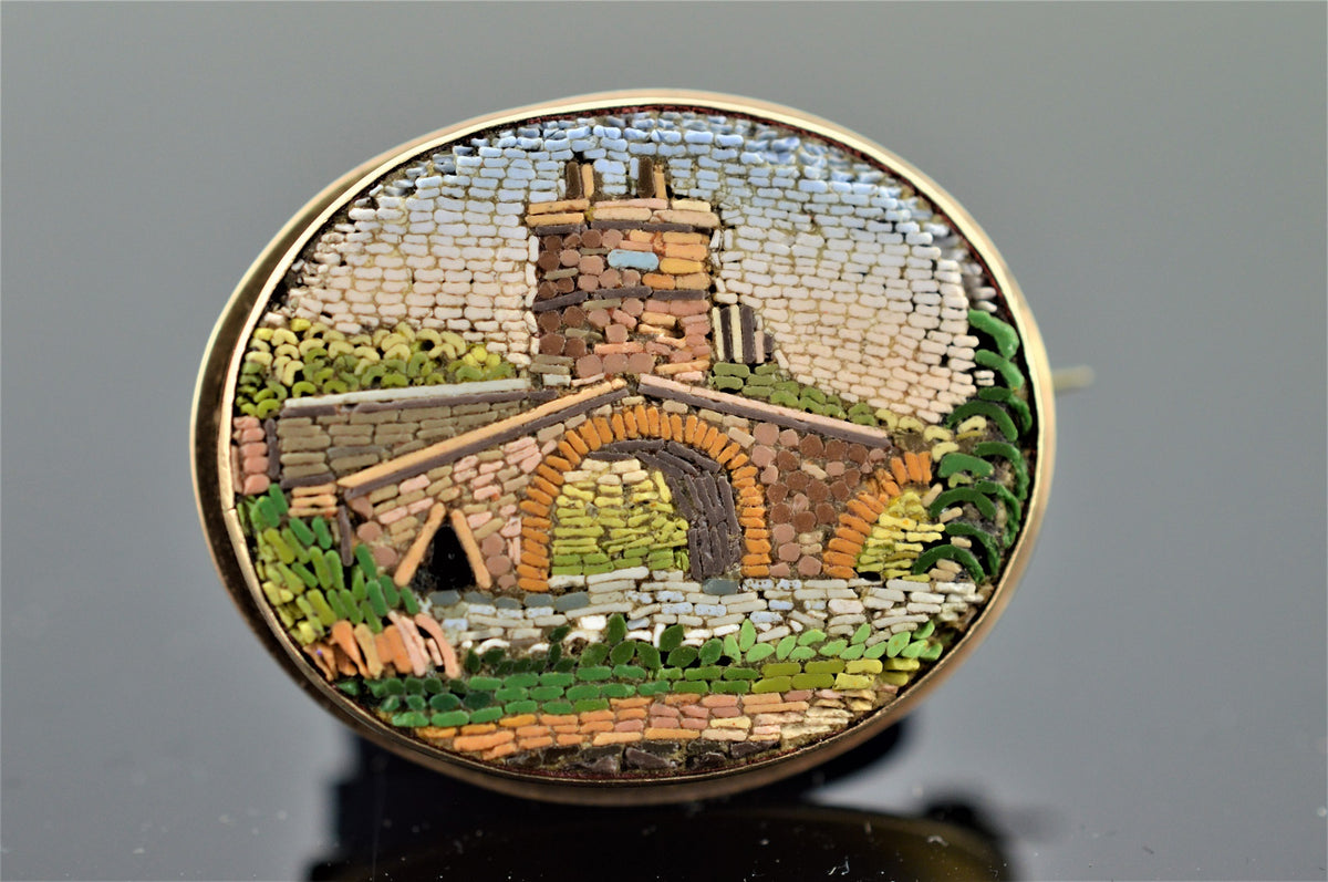 10KYellow Gold Antique Grand Tour Micro Mosaic Brooch