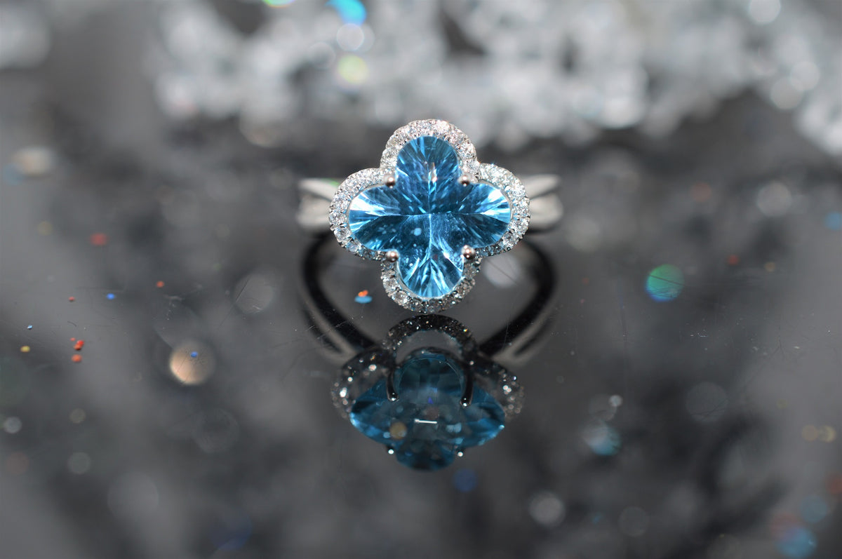 14K White Gold Flower Cut Blue Topaz and Diamond Ring