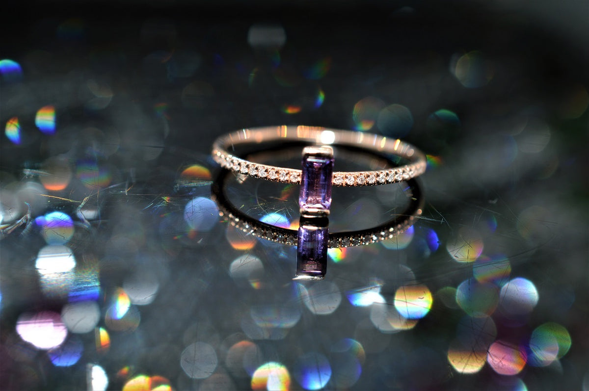 14K Rose Gold Baguette Cut Amethyst and Diamond Ring