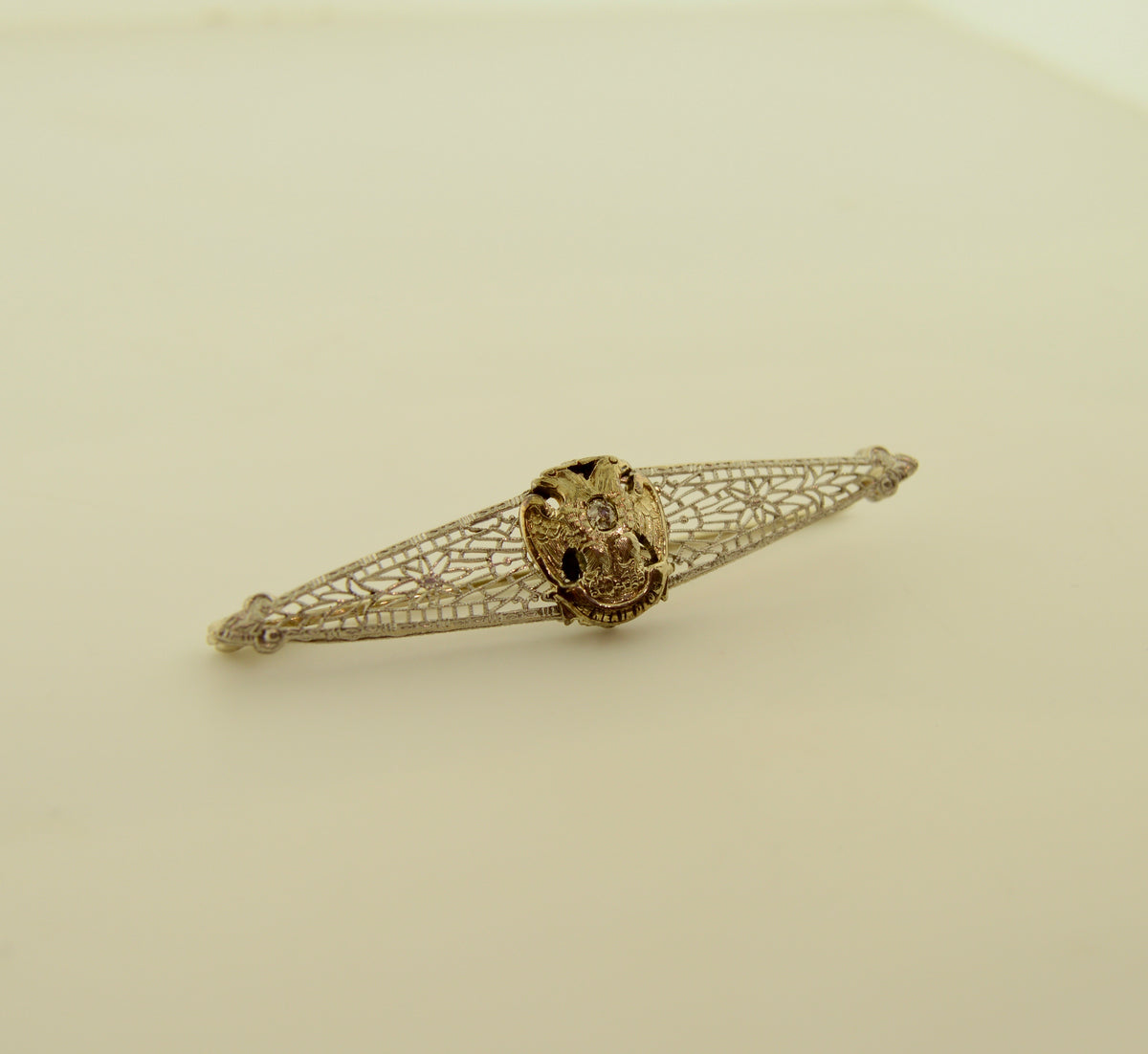 Masonic Diamond and White Gold Filigree Bar Brooch