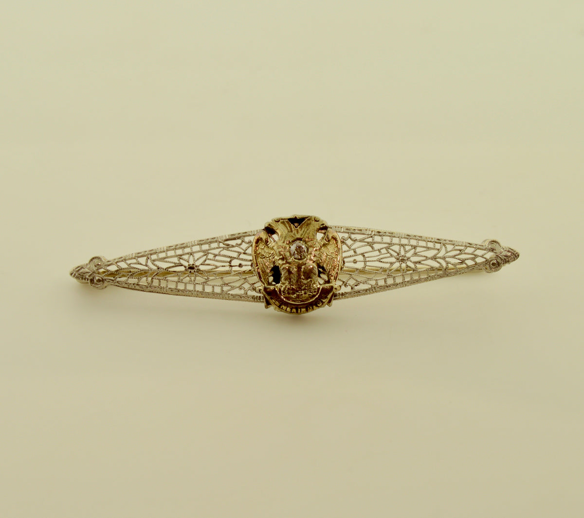 Masonic Diamond and White Gold Filigree Bar Brooch