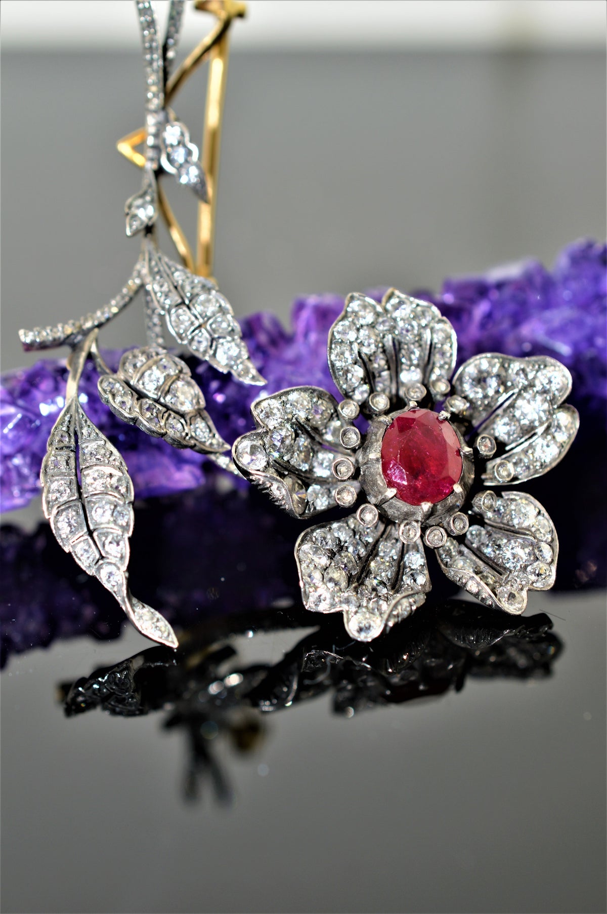 Silver Topped 14K Yellow Gold Diamond and Ruby Flower Brooch