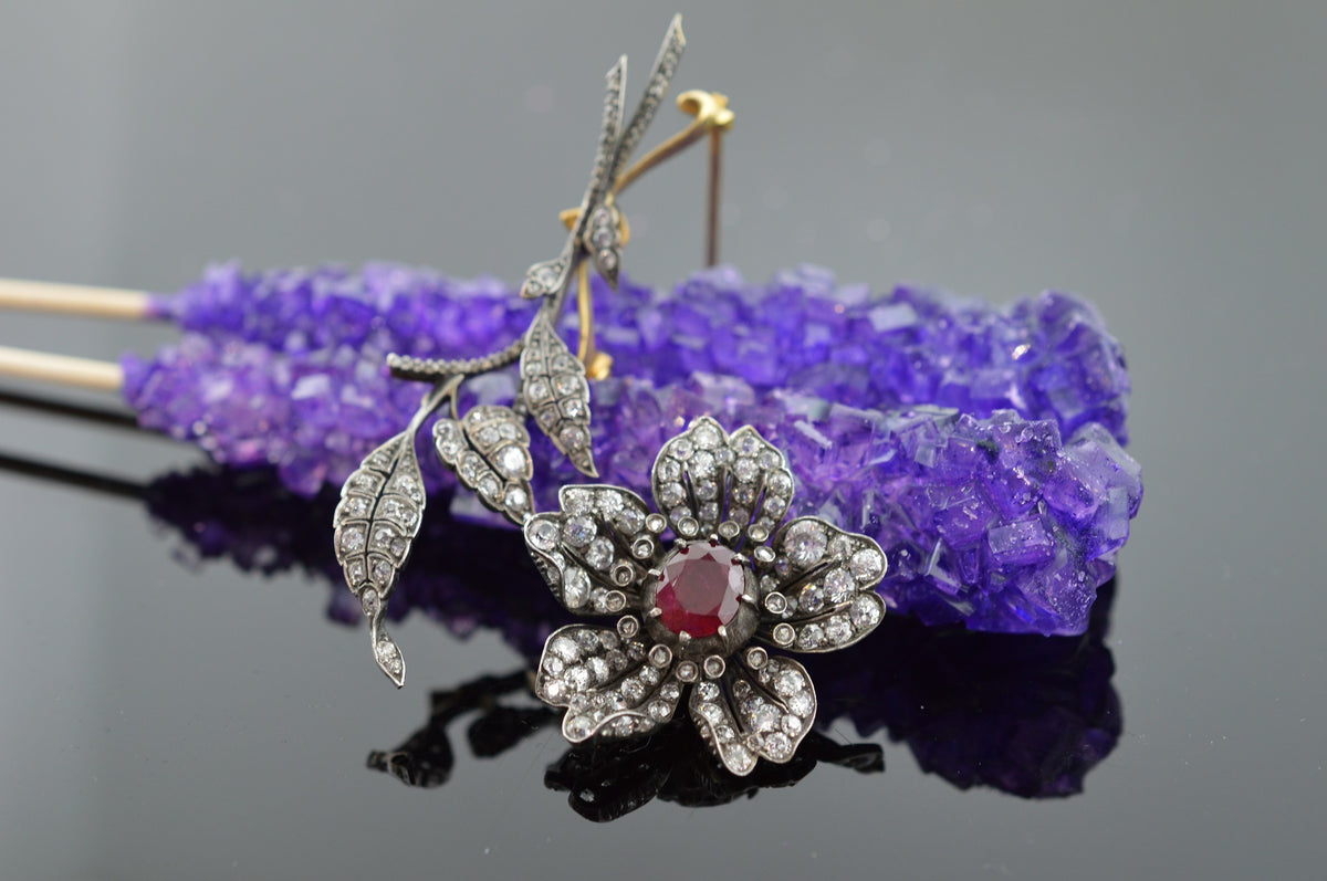 Silver Topped 14K Yellow Gold Diamond and Ruby Flower Brooch