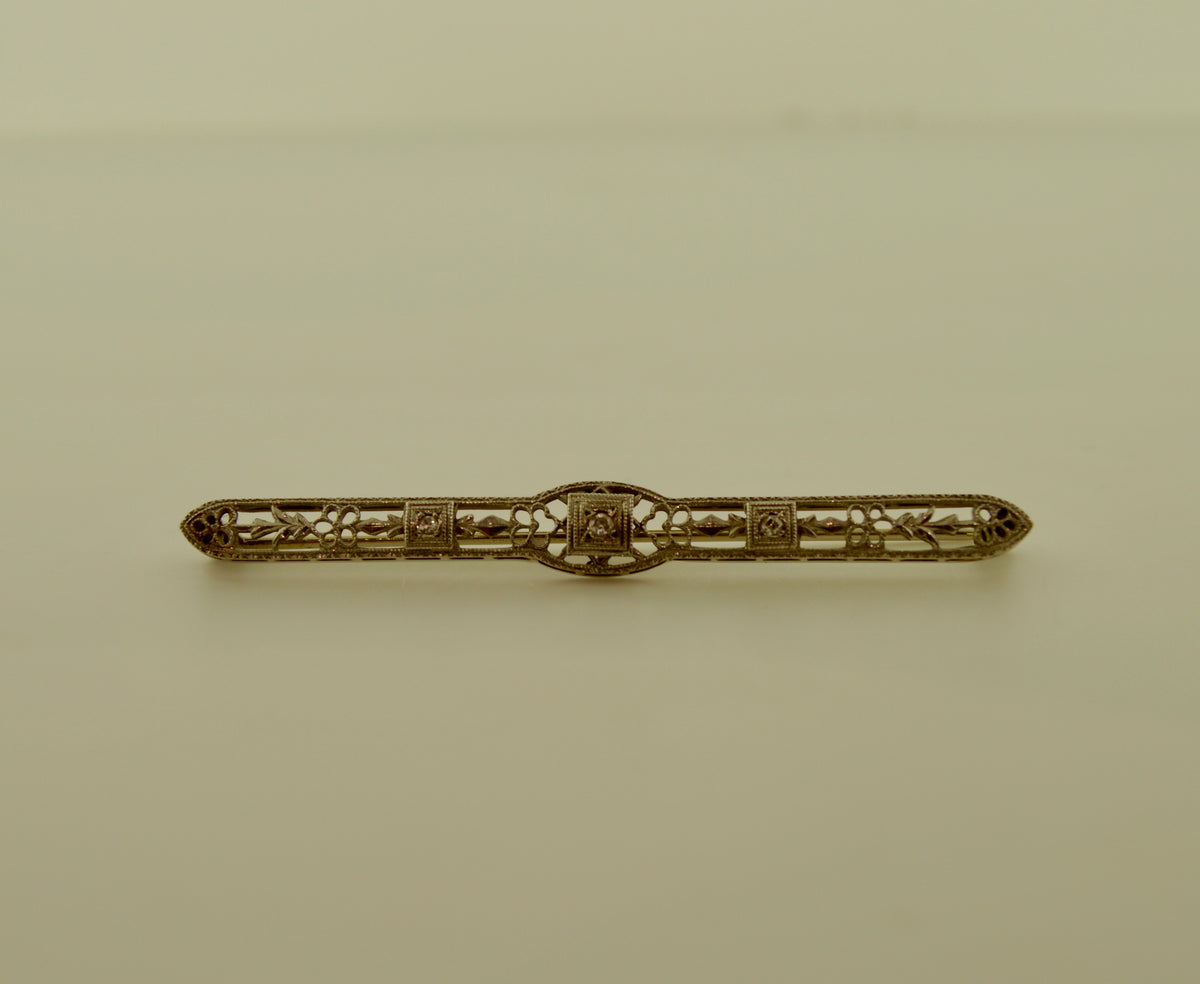 14K White Gold Vintage Diamond Bar Brooch (2.5 inches)