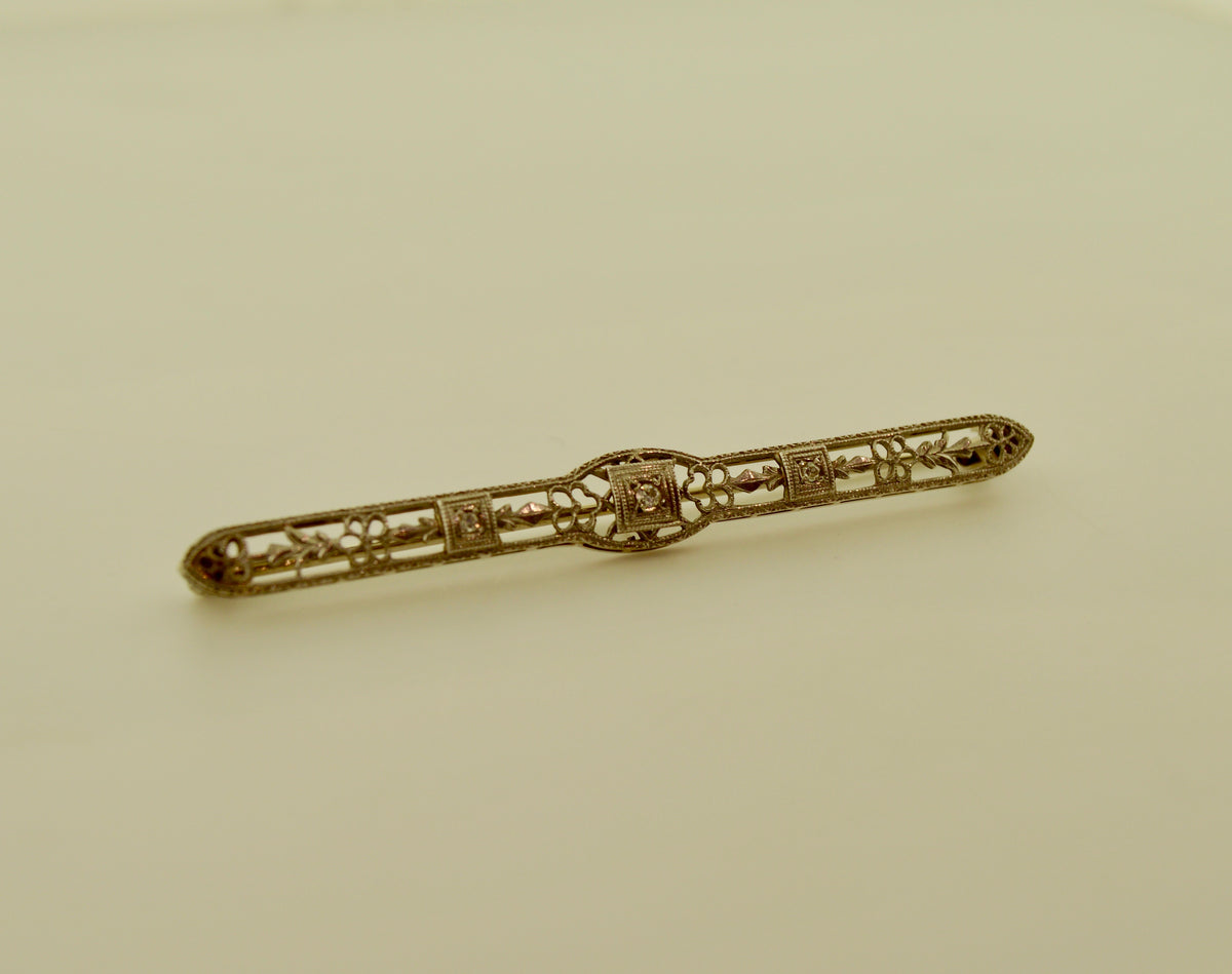 14K White Gold Vintage Diamond Bar Brooch (2.5 inches)