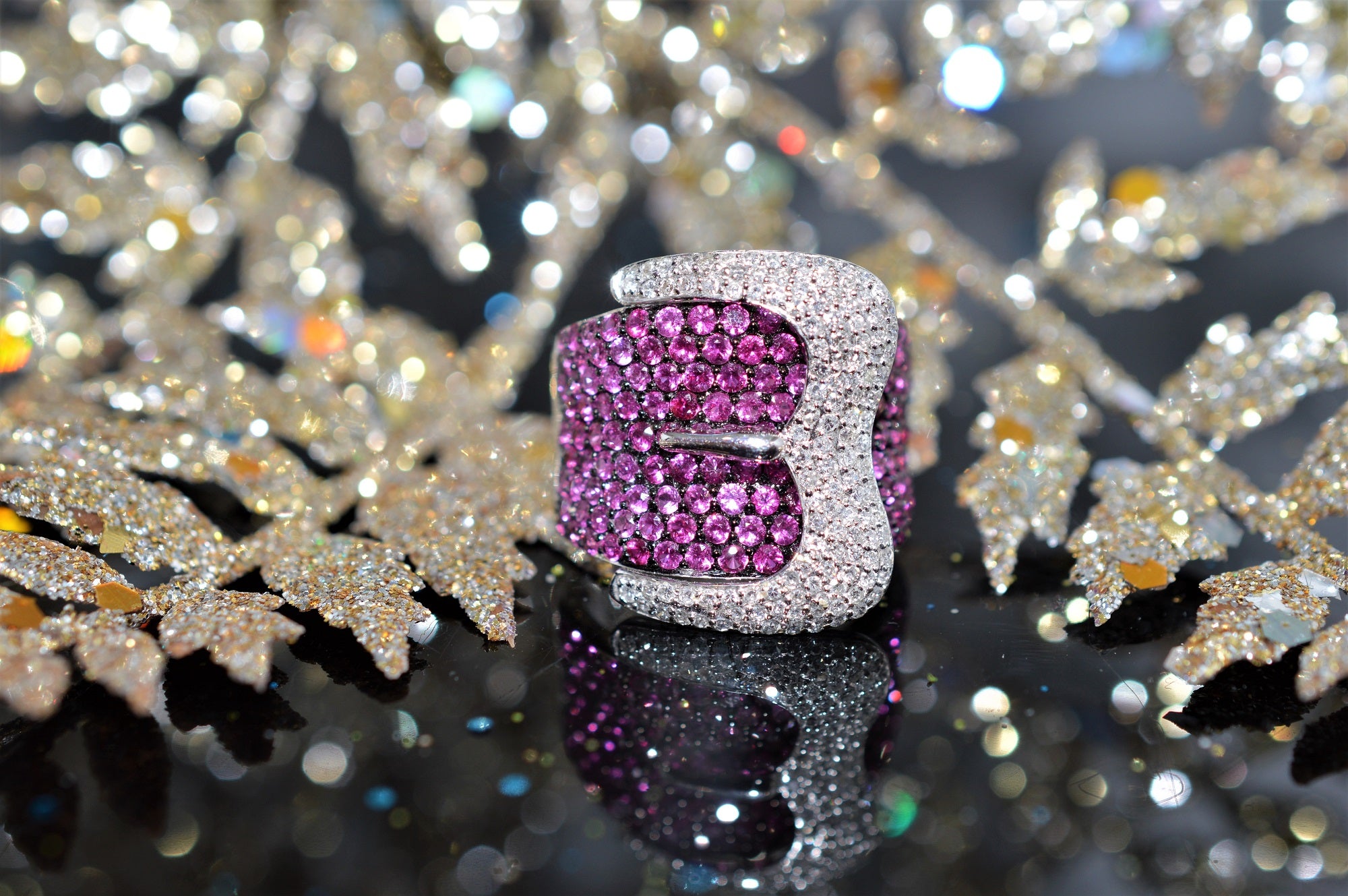 White Gold, Pink Sapphire and Diamond Flower Motif Ring