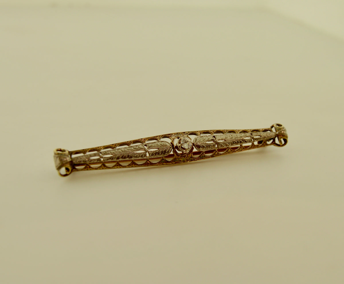 14K Yellow and White Gold Vintage Diamond Bar Brooch