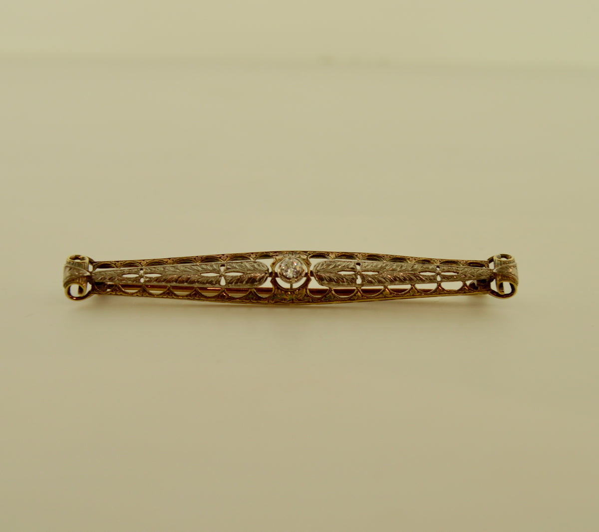 14K Yellow and White Gold Vintage Diamond Bar Brooch