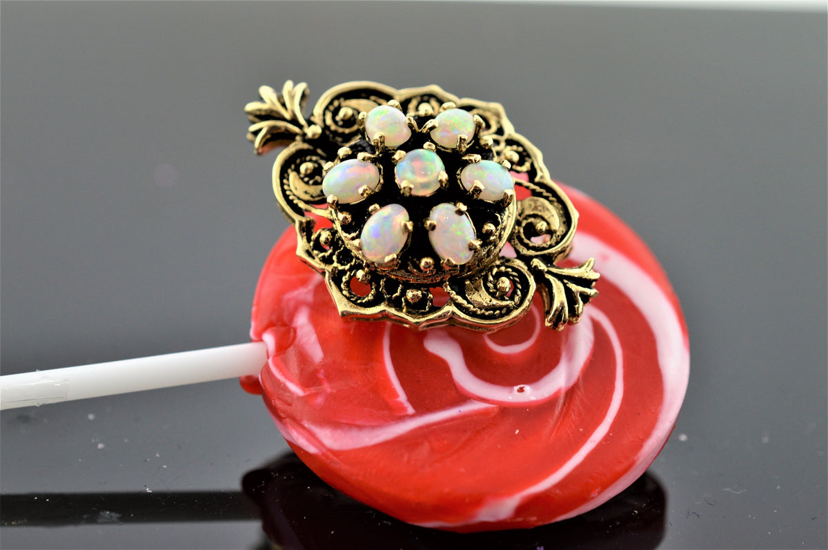 14K Yellow Gold Antiqued Oval/Round Opal Brooch and Pendant