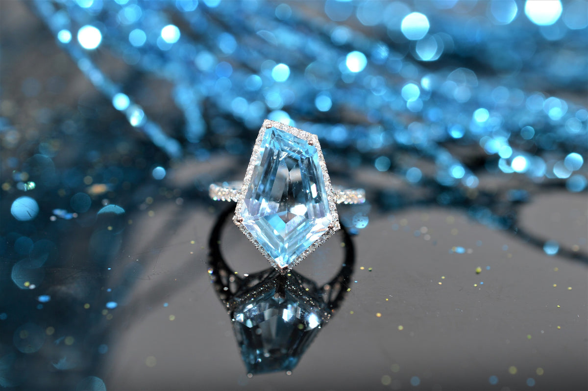 14K White Gold Geometric Cut Blue Topaz and Diamond Ring