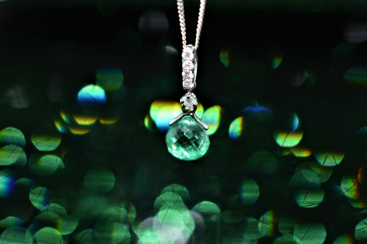 18K White Gold Briolette Cut Genuine Emerald Pendant