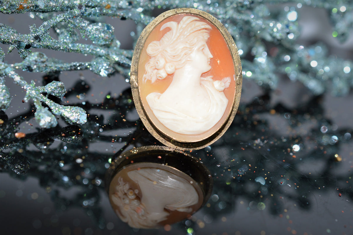 10K Yellow Gold Antique Pink Oval Shell Cameo Brooch