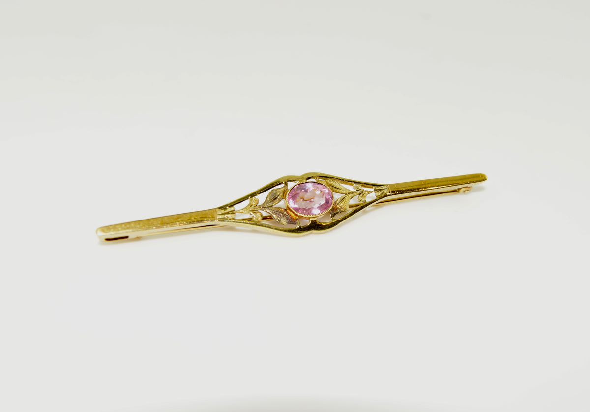 18K Yellow Gold Oval Pink Glass Stone Gold Bar Brooch