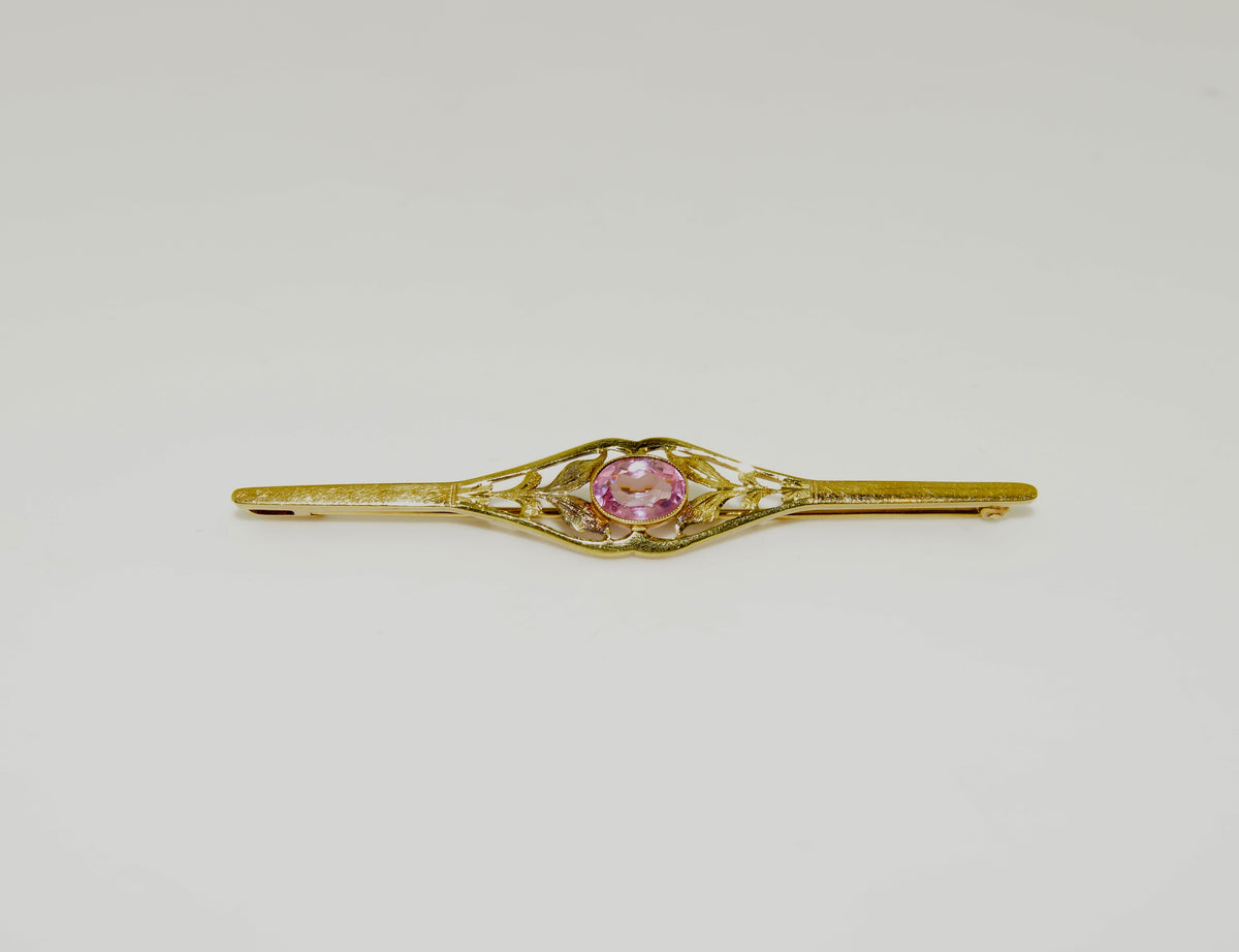 18K Yellow Gold Oval Pink Glass Stone Gold Bar Brooch