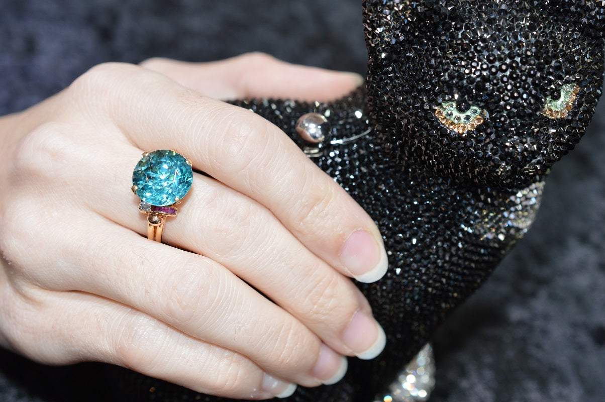 14K Yellow and Rose Gold Blue Zircon Ruby and Diamond Ring
