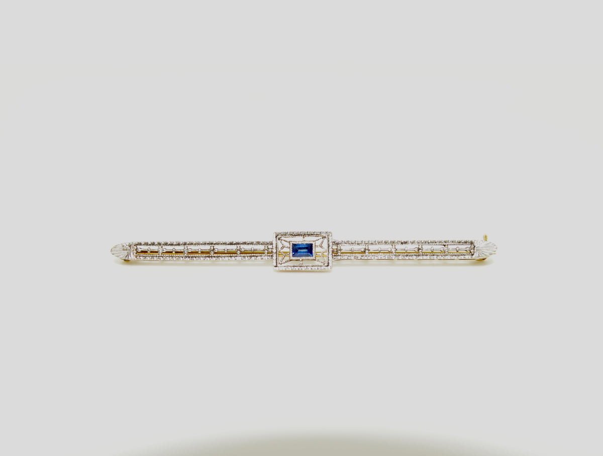 14K Yellow Gold Antique Blue Topaz Platinum Bar Brooch