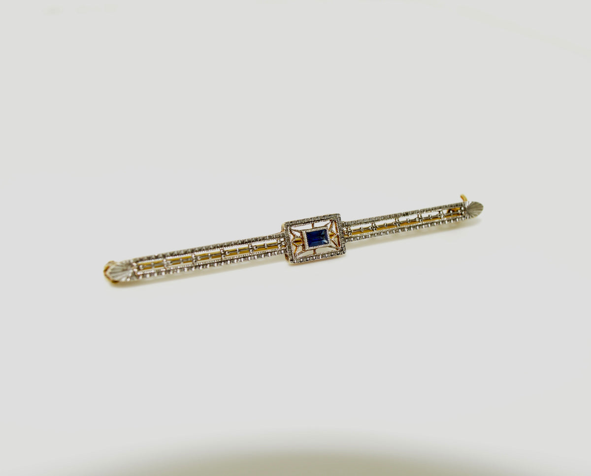 14K Yellow Gold Antique Blue Topaz Platinum Bar Brooch