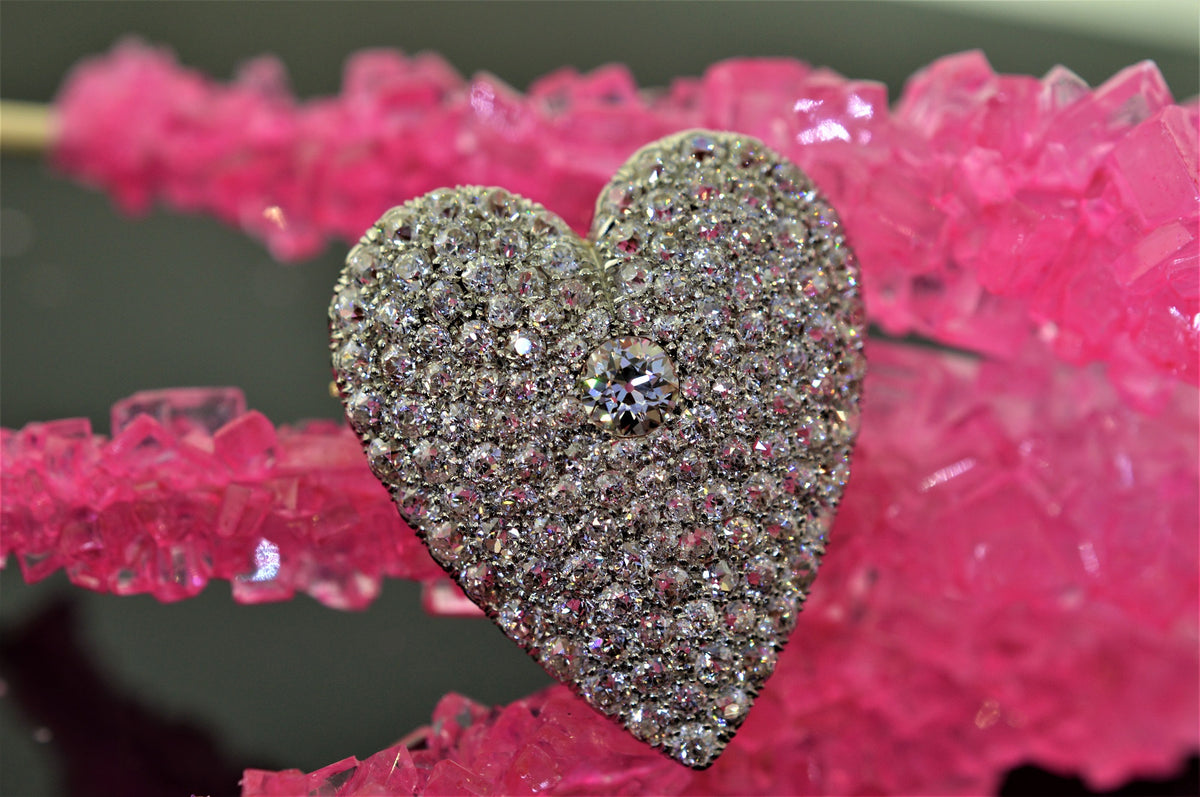 14K Two Tone Antique Pave Set Diamond Heart Pendant/Brooch