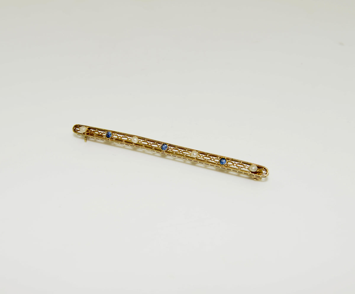 14K Yellow Gold Blue Spinel and Pearl Gold Bar Brooch