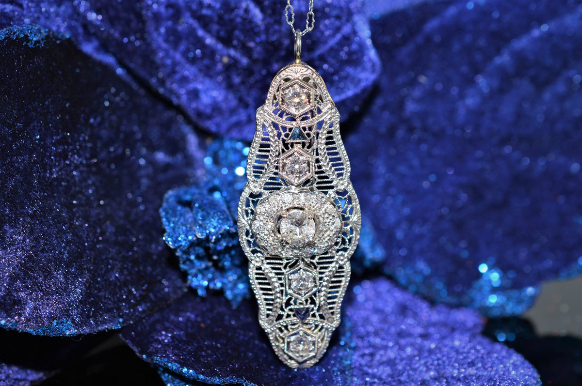 14K White Gold Antique Filigree Diamond Pin/Pendant