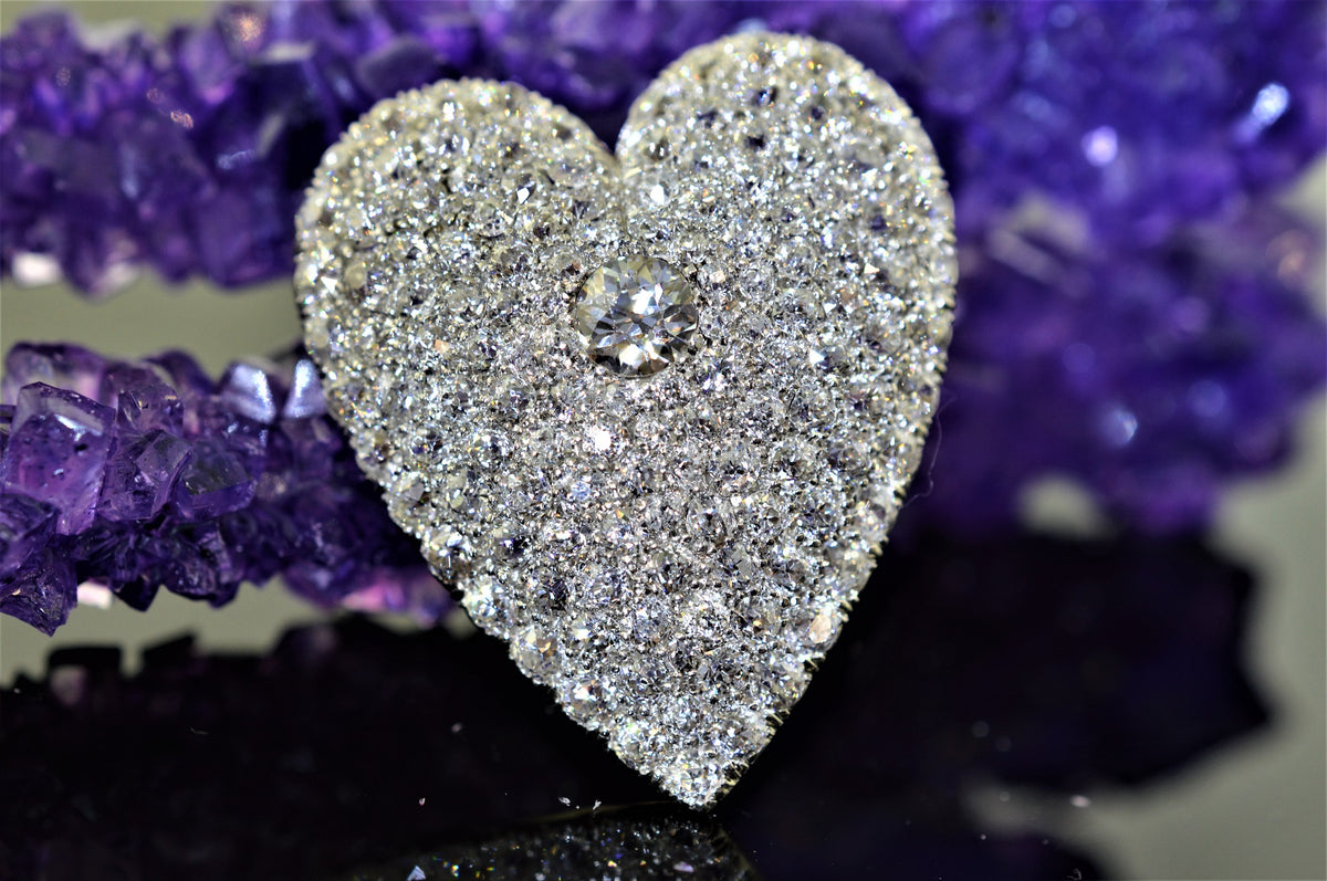 14K Two Tone Antique Pave Set Diamond Heart Pendant/Brooch