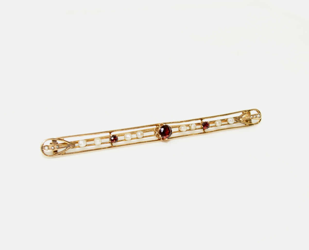 14K Yellow Gold Garnet and Pearl Gold Bar Brooch (3 inches)