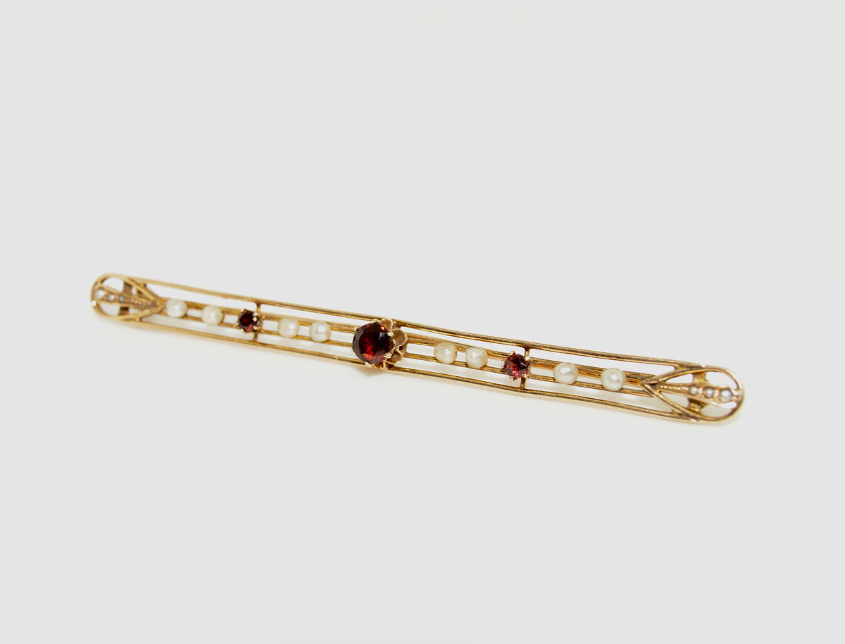 14K Yellow Gold Garnet and Pearl Gold Bar Brooch (3 inches)