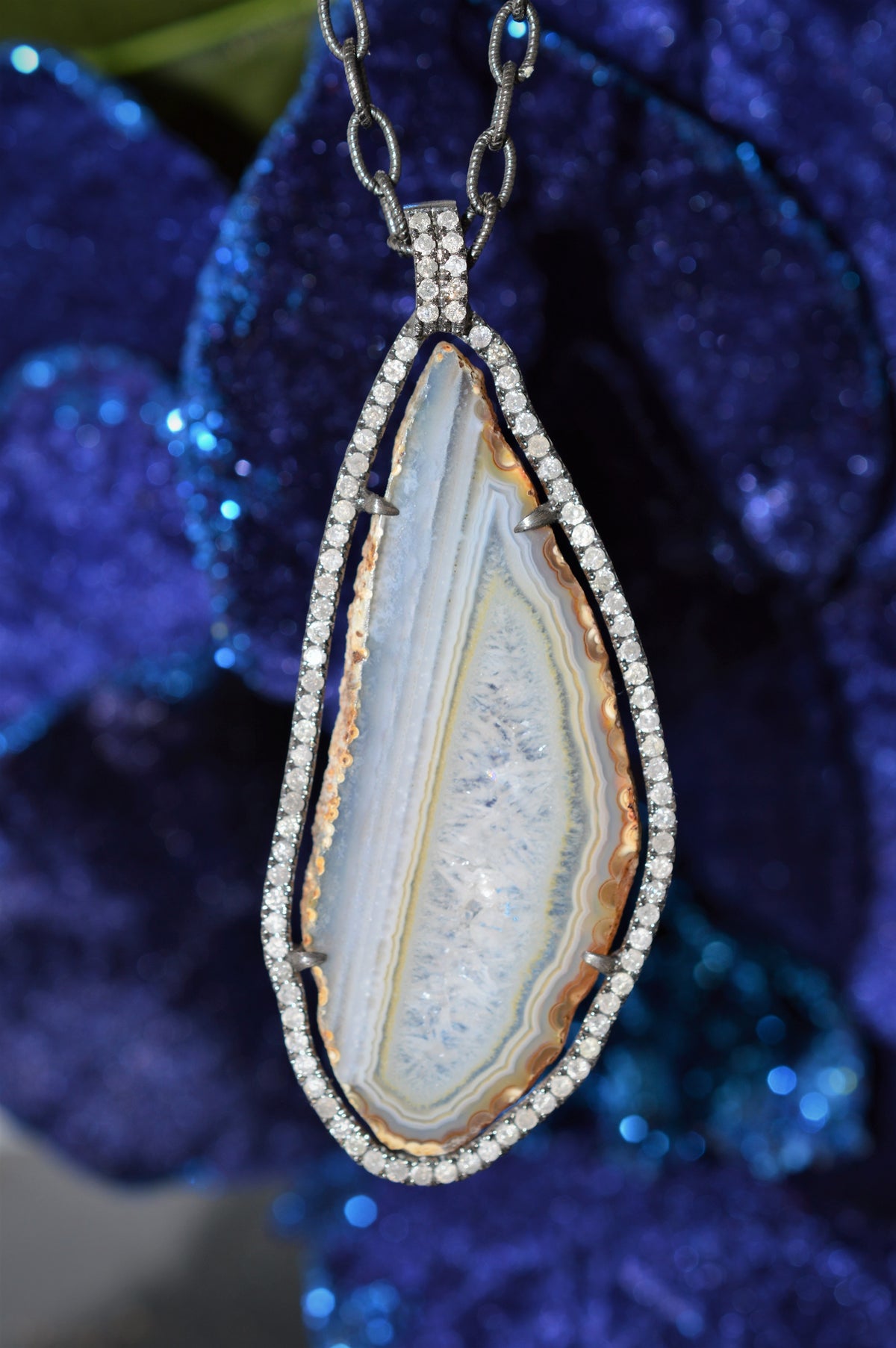 Sterling Silver Purple Agate And Diamond Necklace