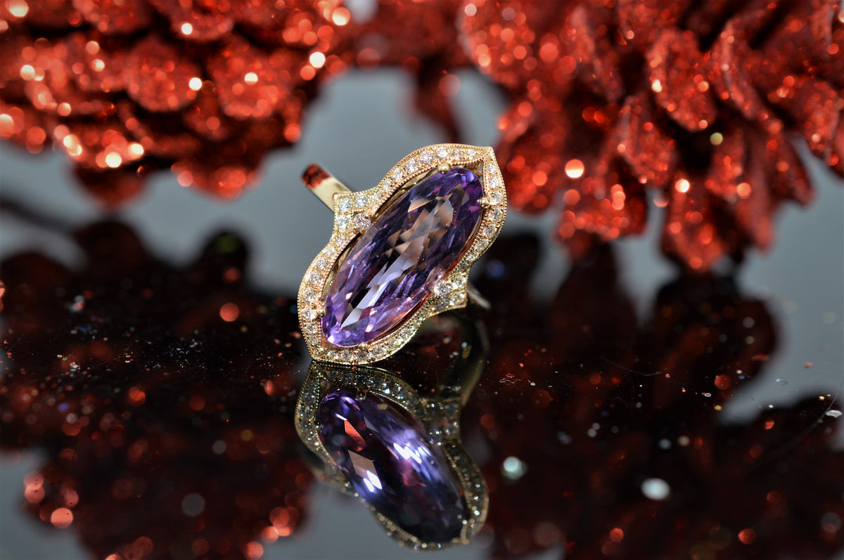 14K Yellow Gold Elongated Amethyst and Diamond Ring