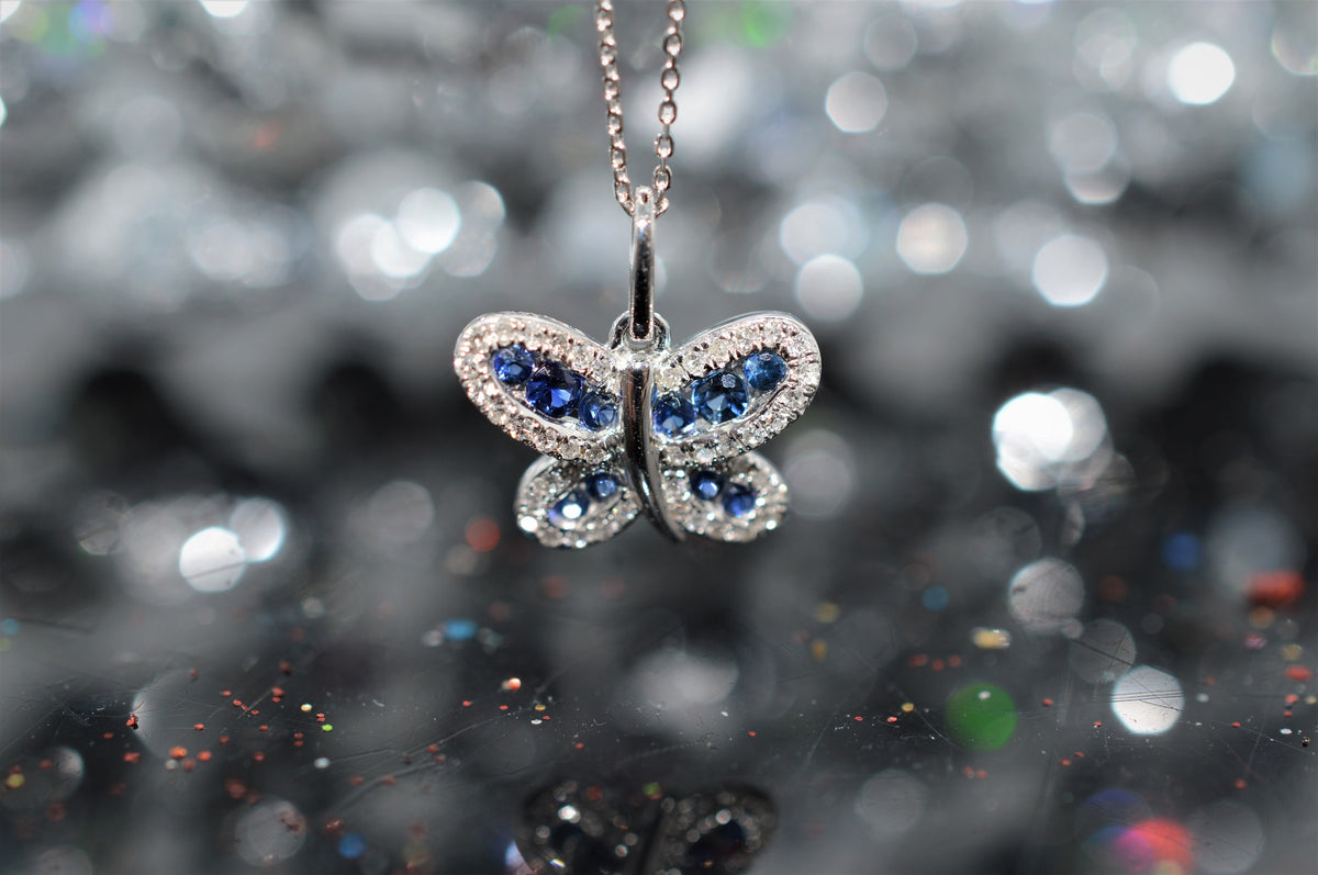 14K White Gold Sapphire and Diamond Butterfly Pendant