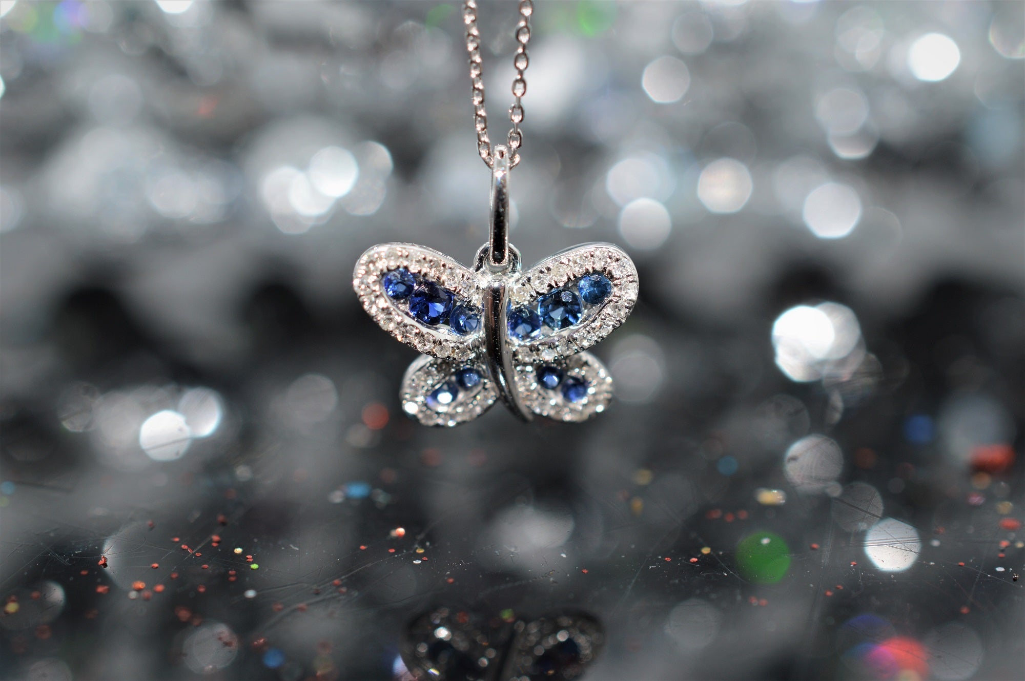 14K White Gold Sapphire and Diamond Butterfly Pendant Howard's DC