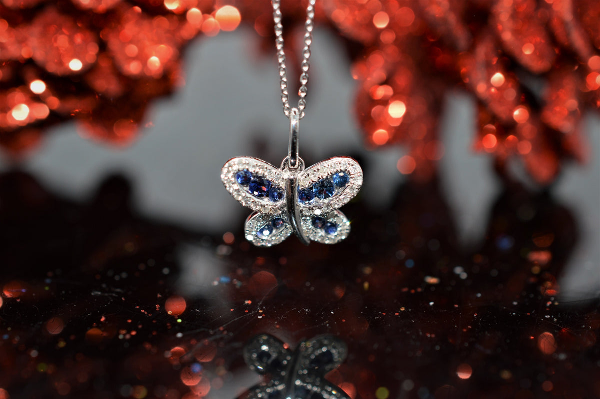 14K White Gold Sapphire and Diamond Butterfly Pendant