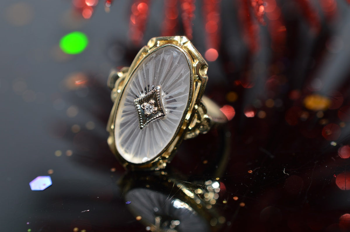 10K Carved Rock Crystal Ring