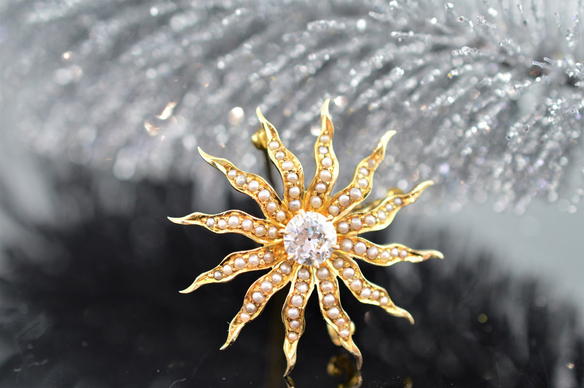 14K Antique Sunburst Brooch/Pendant with a Diamond