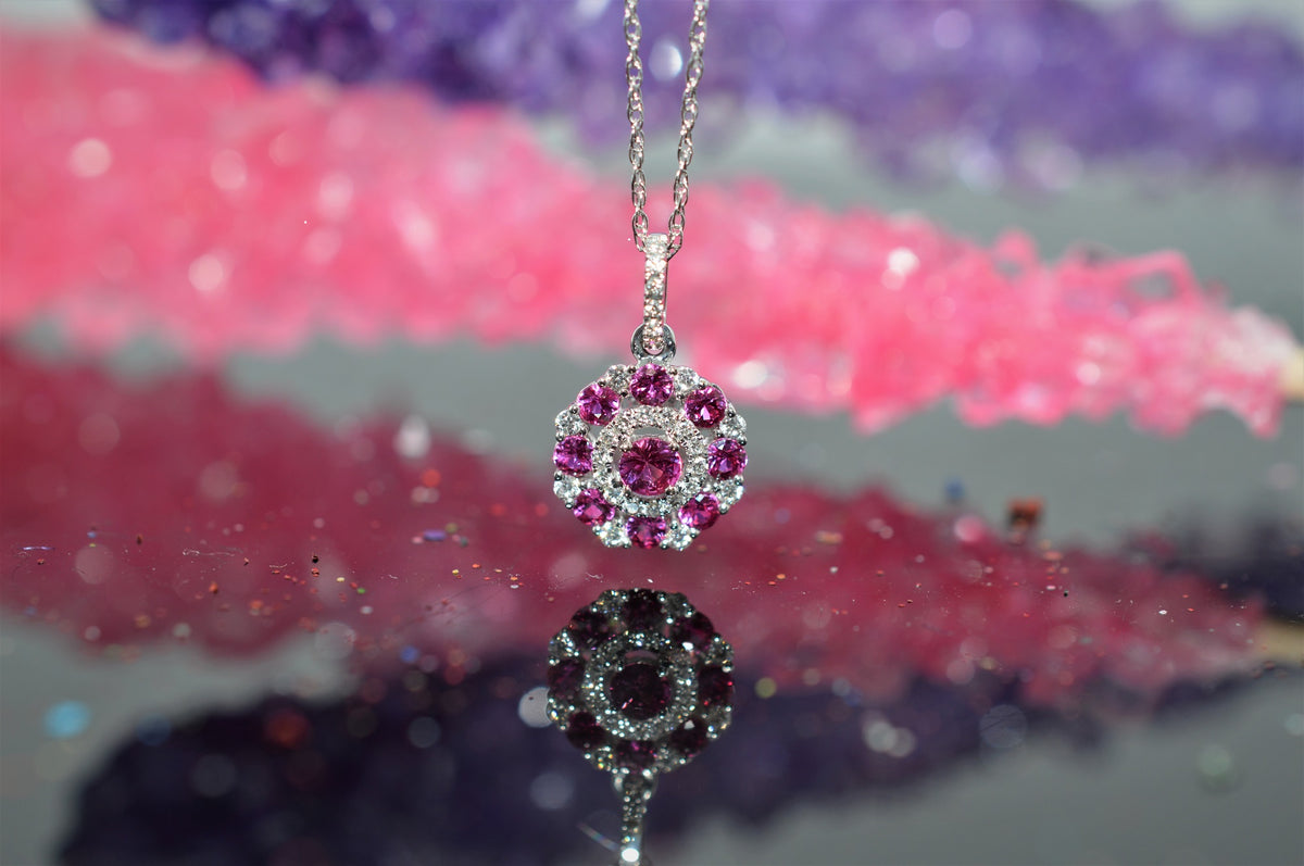 14K White Gold Round Ruby and Diamond Pendant on a 18&quot; Chain