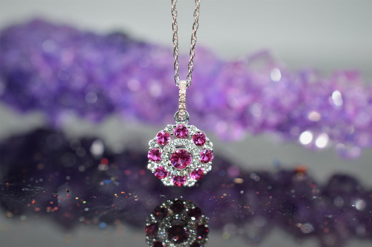 14K White Gold Round Ruby and Diamond Pendant on a 18&quot; Chain