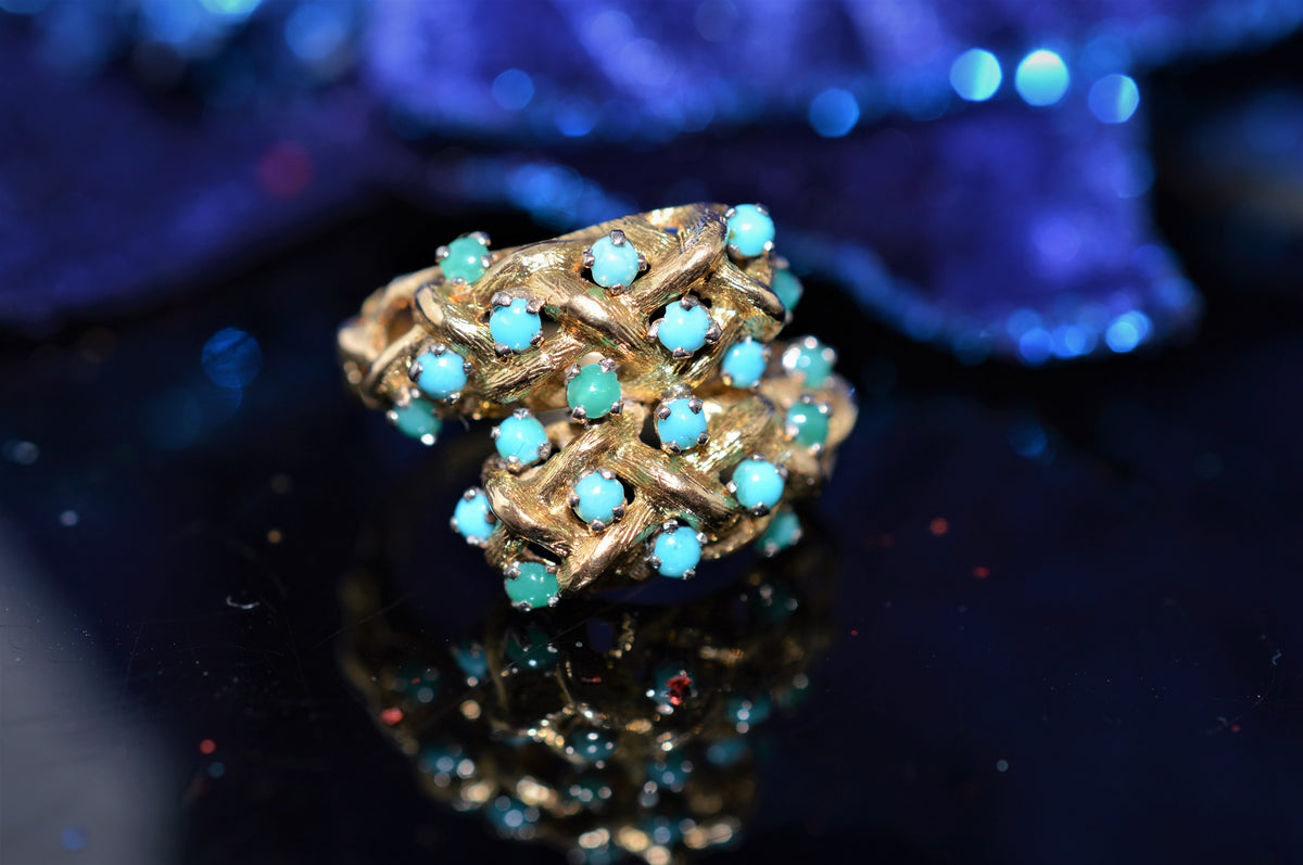 18K Yellow Gold Woven Bypass Ring with 20 Turquoise Stones