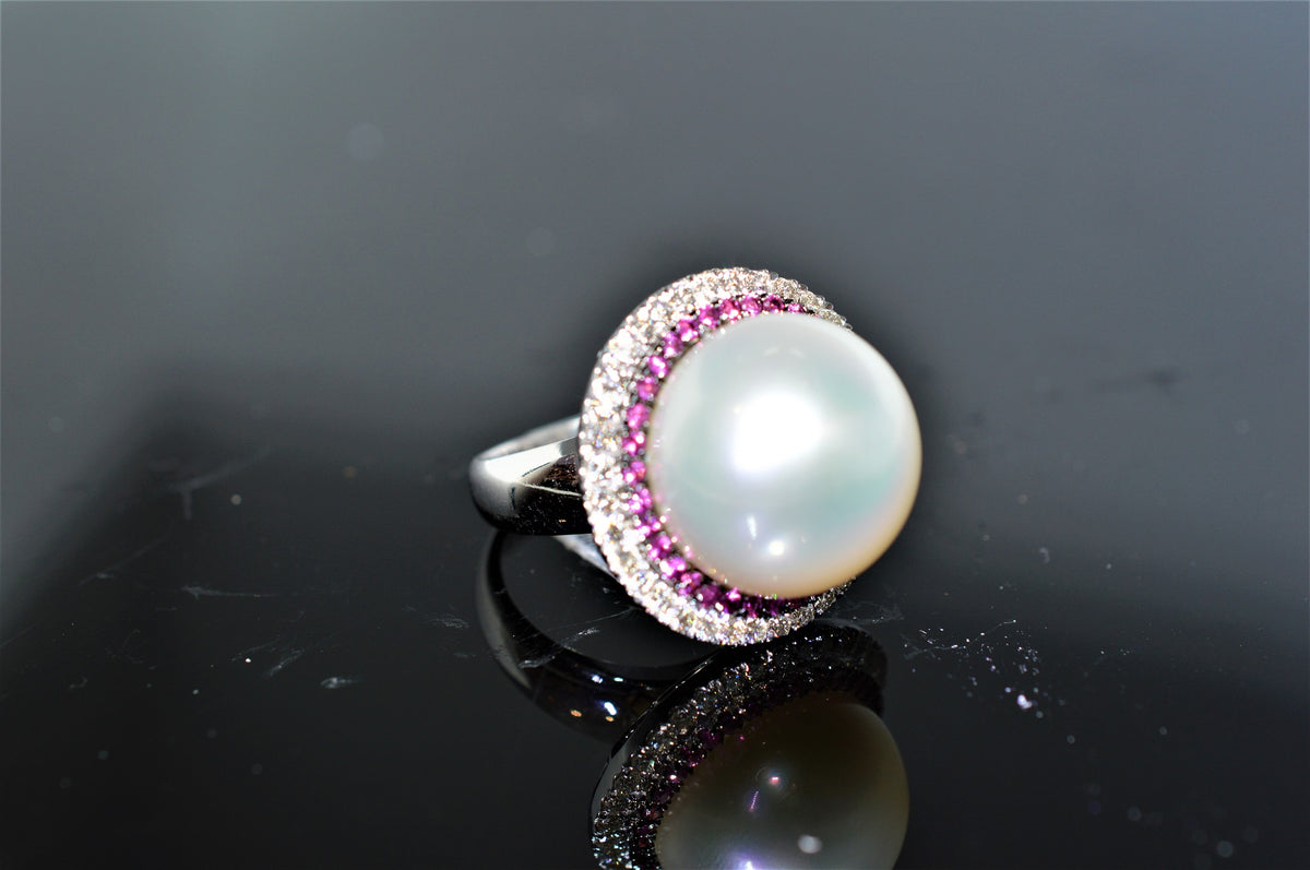 18K White Gold Button Pearl, Diamond, and Ruby Ring